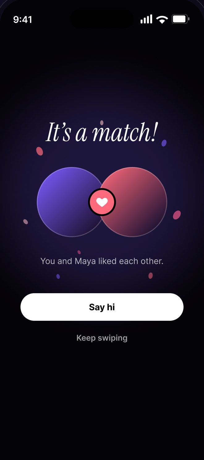 Vif match screen: it's a match, say hi