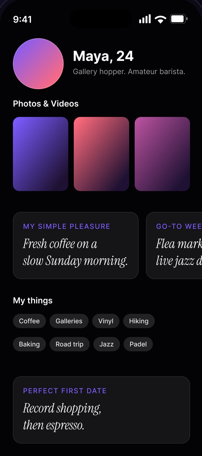 Vif profile screen: photos, prompts and the things you are into